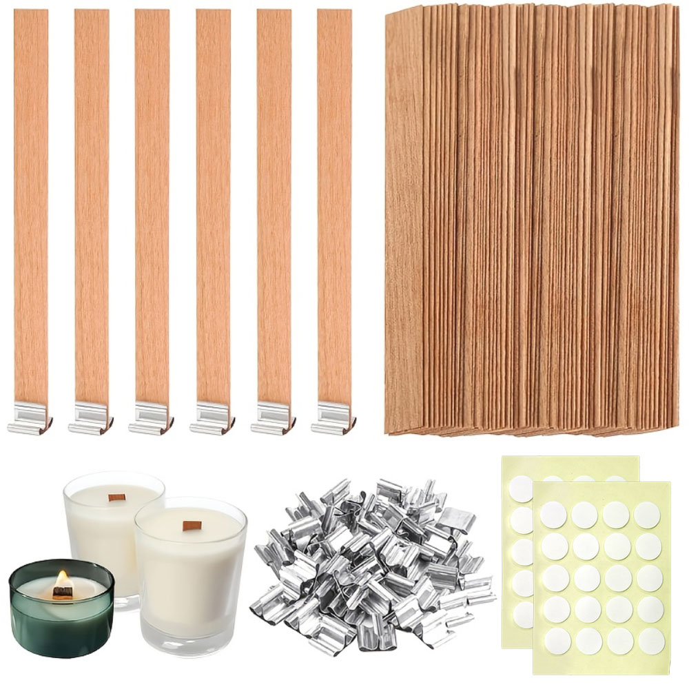 Candle Making Wicks - 100 ชิ้นไม้พร้อมชุดฐานสําหรับเทียนหอมทํา 2 แผ่น Nano วางสติกเกอร์เครื่องมือในครัวเรือน